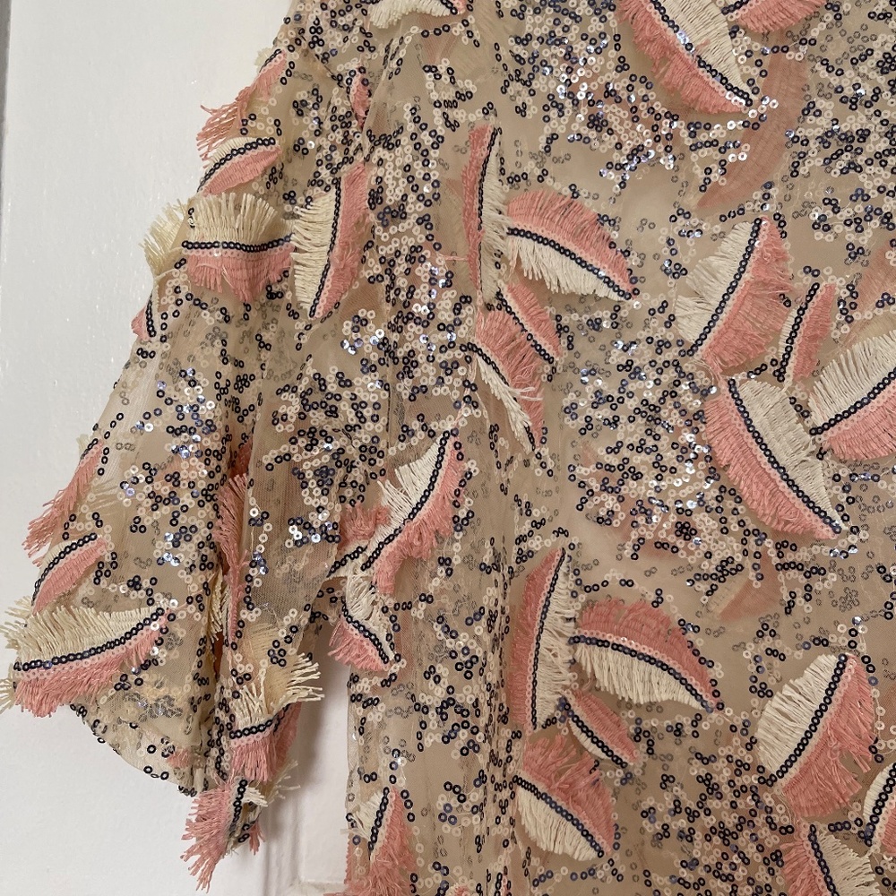 Zara Sheer See Through Embroidered Feather Shapes Sequin Blouse Size  XL